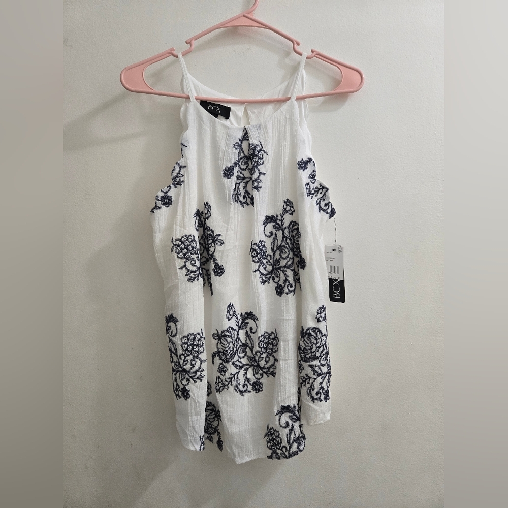 BCX Embroidered Halter Top Lined Blue White Size L